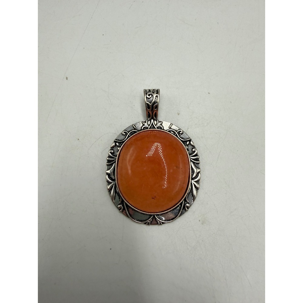 Vintage Style Orange Cabochon‎ Oval Pendant Silver Tone Ornate Scrollwork Border